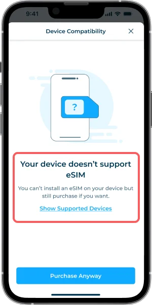 iOS eSIM compatibiliteitscontrole die de foutmelding 'Geen eSIM geschikt abonnement gevonden' weergeeft